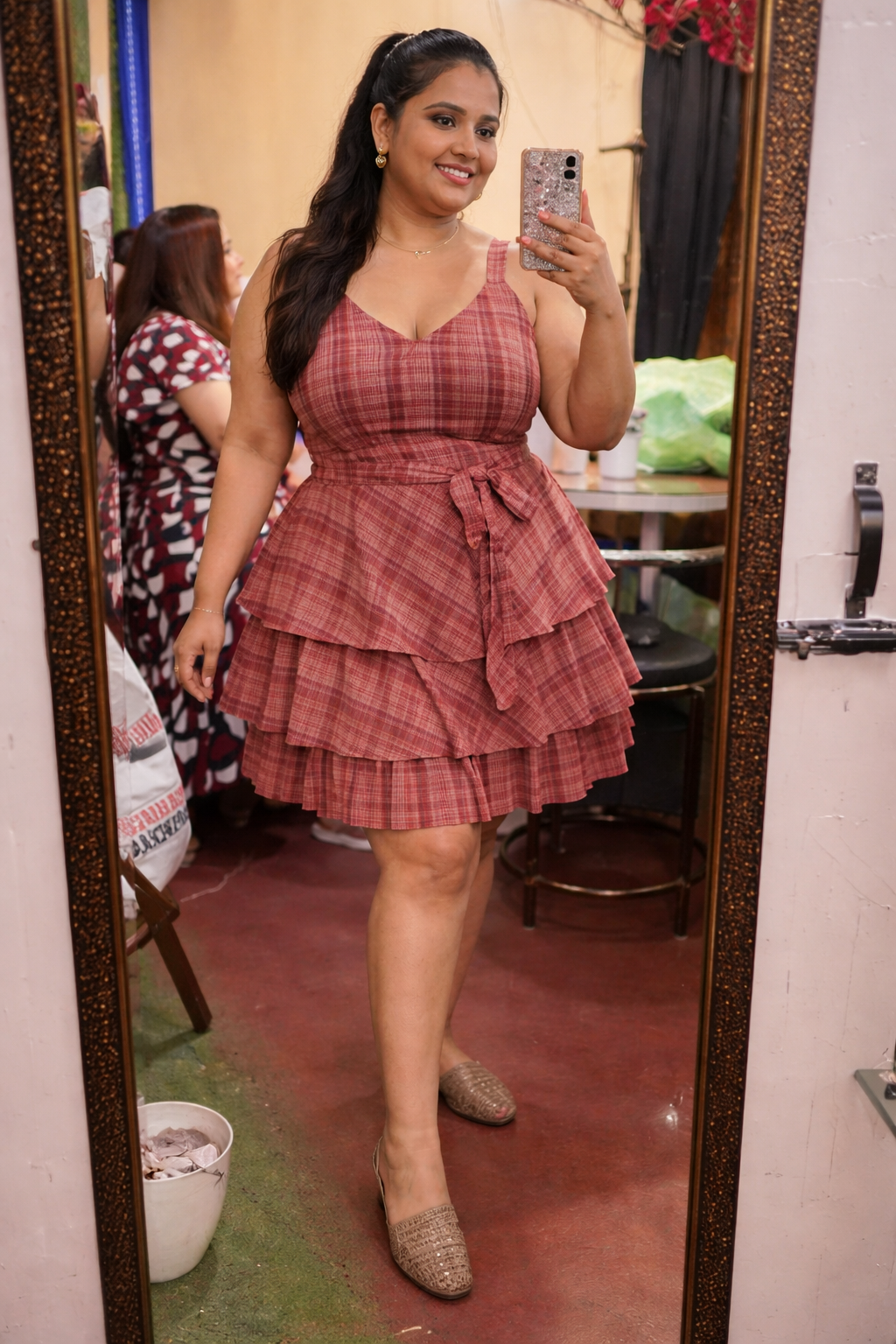 Rust Check Ruffle Dress