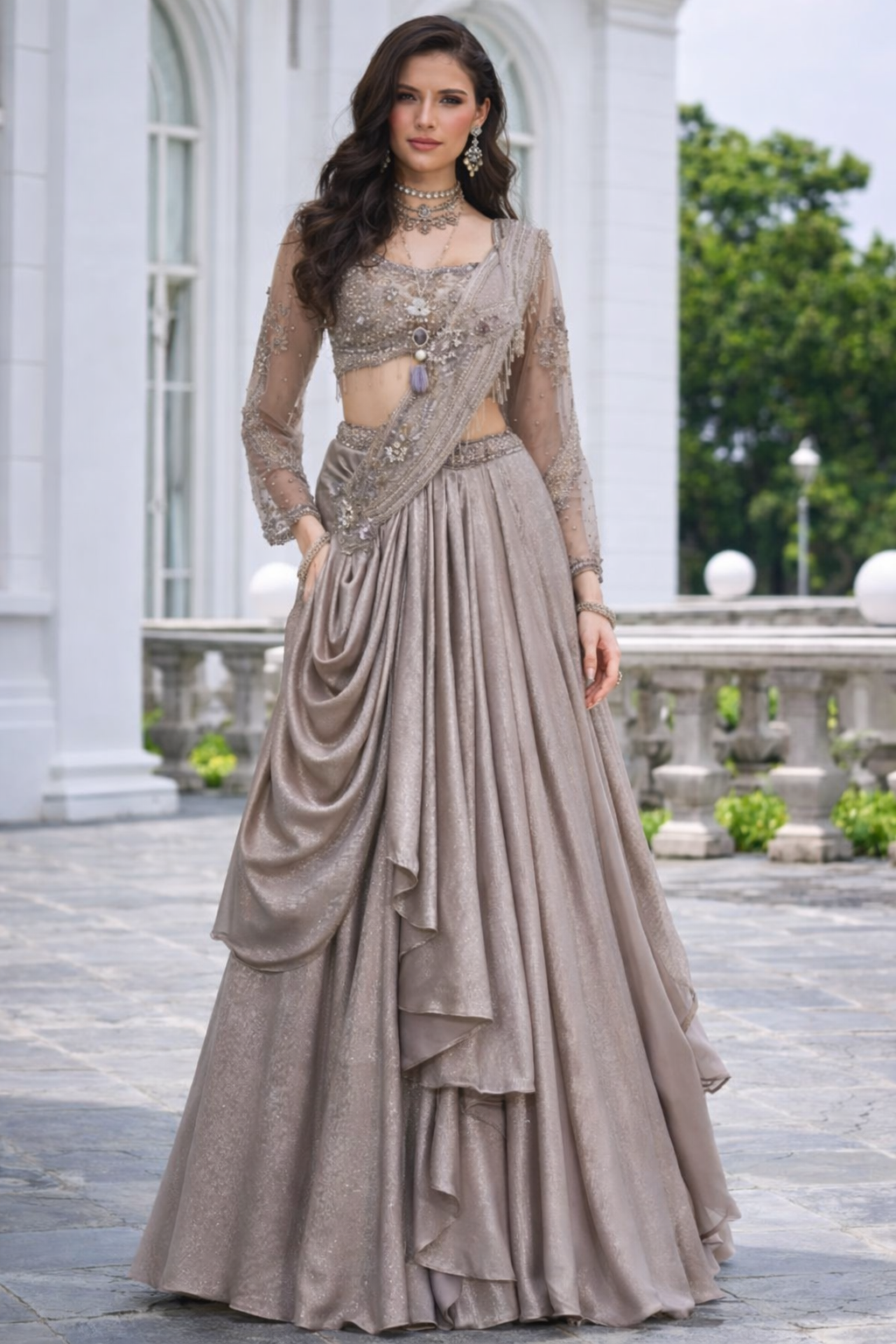 Taupe Aarzoo Draped Lehenga